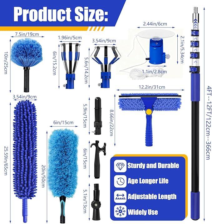 20FT Light Bulb Changer for High Ceilings with 5-12FT Heavy Duty Extension Pole,High Ceiling Fan Duster Extendable Reusable Cobweb,Feather