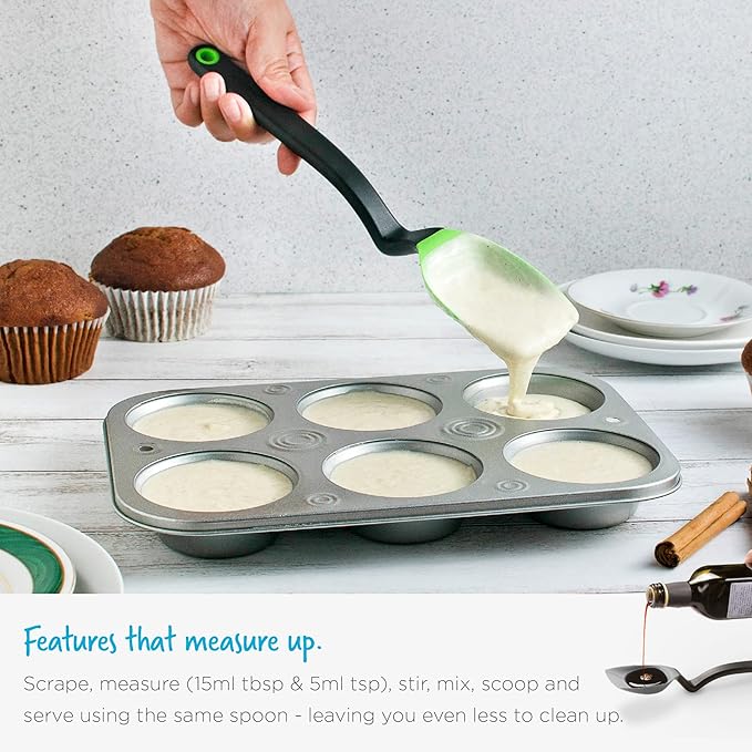 Dreamfarm Supoon Non-Stick Sit-Up Silicone Scraping, Serving, Cooking Spoon Measures 5ml Tsp & 15ml Tbsp - 11" Green