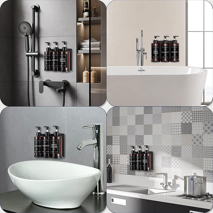 Shampoo and Conditioner Dispenser for Shower Wall, Body Wash Dispenser with 5 Waterproof Labels, No-Drill Wall Mounted Shower Soap Dispenser for Bathroom Decor Upgrade - Brown 3 Chamber