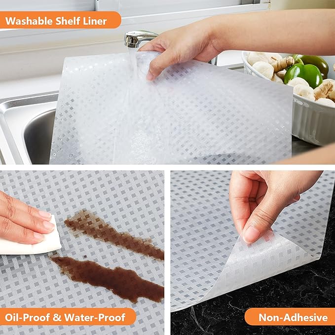 Shelf Liners for Kitchen Cabinets Refrigerator Liners Waterproof & Oil-Proof Kitchen Cupboard Liner Non-Slip Drawer Mats EVA Material Non Adhesive Fridge Liner for Shelves -Clear 17.5 x 393.7 Inches