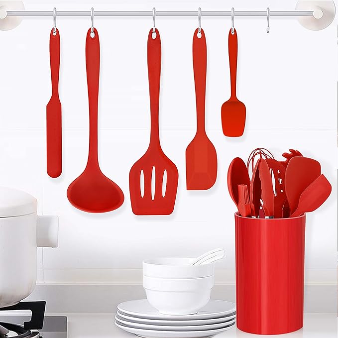 LIANYU 14 Pcs Cooking Utensils Set with Holder, Heat Resistant Silicone Kitchen Cookware Utensils Set, Kitchen Cooking Tools Includes Spatula Spoon Turner Whisk Tong, Dishwasher safe, Red