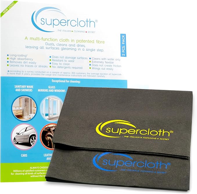 Supercloth® Premium Microfiber Cleaning Cloth for All-Purpose, Lasts Over 5 Years, Glasses Cleaning Cloth, Microfiber Cloth for Cars, Magic Reusable Cloth Streak-Free 100% Made in Italy (2pk)