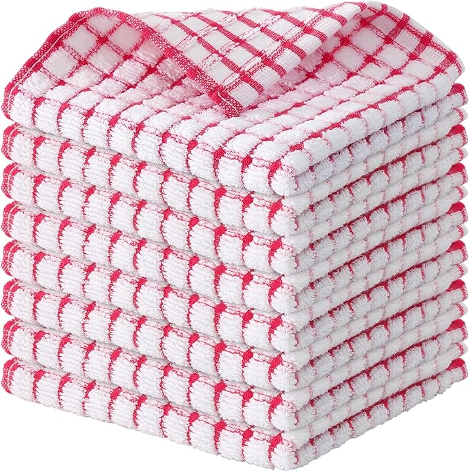 Kitinjoy Cotton 8 Pack Terry Kitchen Dish Cloths, 12 x 12 Inches Super Soft and Absorbent Dish Rags, Quick Drying Dish Towels for Washing Dishes, Red