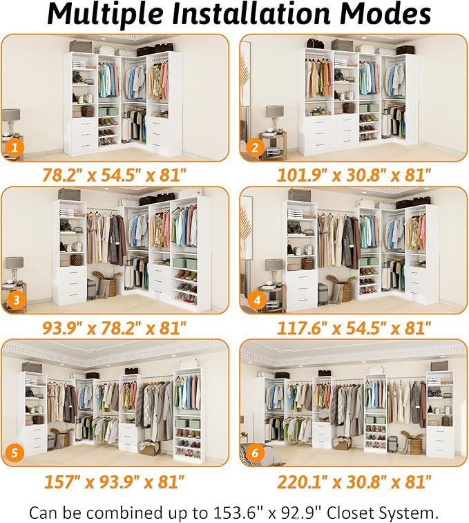 Vomavex Closet System with 4 sets, 101.9" Closet Organizer Systems with 6 Drawers & 8 Hanging Rods & Adjustable Shelves