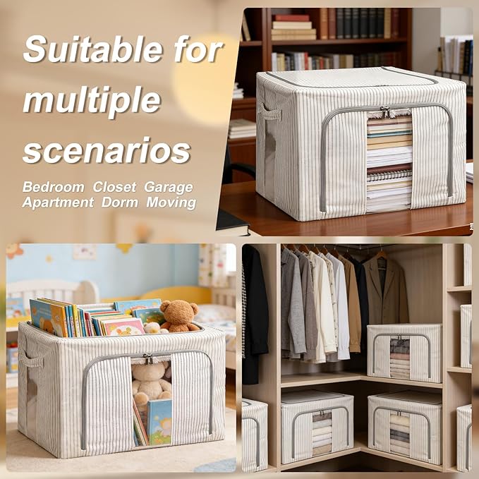 Amiya Clothes Storage Bins with Metal Frame,3-Pack Foldable Linen Fabric Storage Box with Lids, Stackable Organization and Storage Bins with Clear Window,Zippers,Handles(Grey,24L)