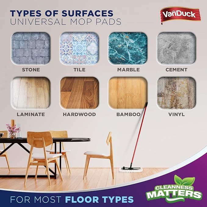 VanDuck 100% Cotton Terry Mop Pads 15x8 Inches 3-Pack, Terry Cloth Mop Covers (Handle is Not Included)