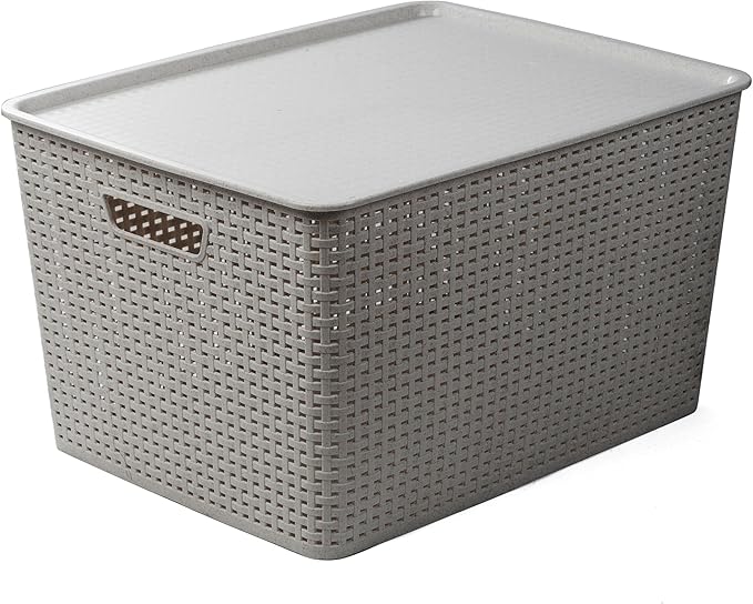 Plastic Storage Baskets with Lids, 45 Liter, 3 Pack, Natural Grey