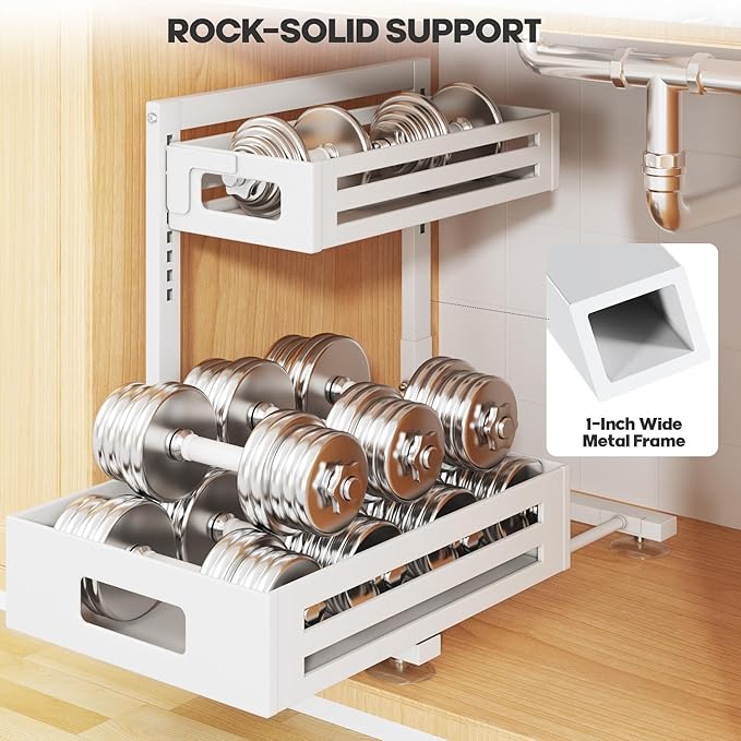 1 Pack Under Sink Organizer,Pull Out Cabinet Organizer with Smooth Cylindrical Rail,Metal Slide Out Drawer for Kitchen Bathroom Laundry Cabinet,8-Level Tool Free Height Adjustable-White