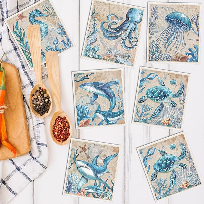 Swedish Dishcloths for Kitchen, Reusable Absorbent Fast Drying Sea Animals Theme Swedish Dish Cloths Gift Set, Washable Cellulose Sponge Cloths Dish Towel for Washing Dishes
