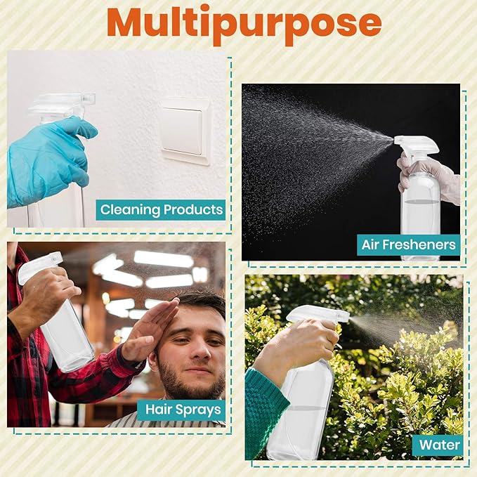 Clear Glass Spray Bottles For Cleaning Solutions (4 Pack) - 16 Ounce, Refillable & Reusable Sprayer for Essential Oil, Water, Kitchen, Hair. Durable Black Trigger Sprayer w/Mist and Stream Settings