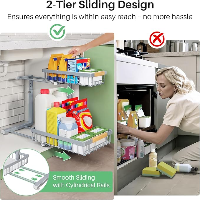 Kitstorack Under Sink Organizer, 2 Tier Under the Sink Storage, Slide out Pull out Cabinet Organizer Shelf