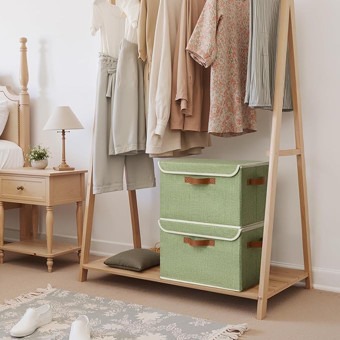 GRANNY SAYS Fabric Storage Bins with Lids, Decorative Storage Boxes with PU Handles, Keepsake Memory box, Shelf Baskets for Closet, Sage Green/White, Large, 2-Pack