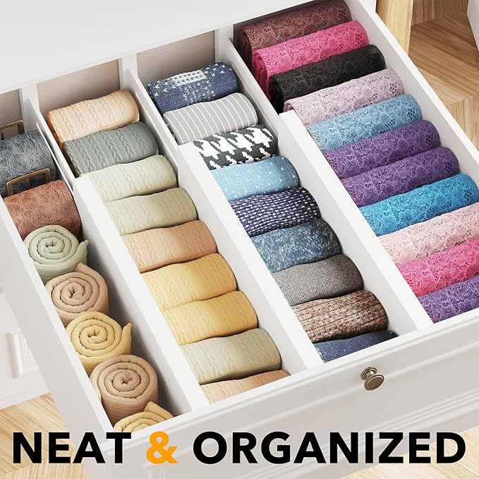 SpaceAid Bamboo Dresser Drawer Dividers 6 Pack, (Need 4.65" Deep Drawer) Adjustable 12.5“-17” Organizers, Expandable Organization for Clothing