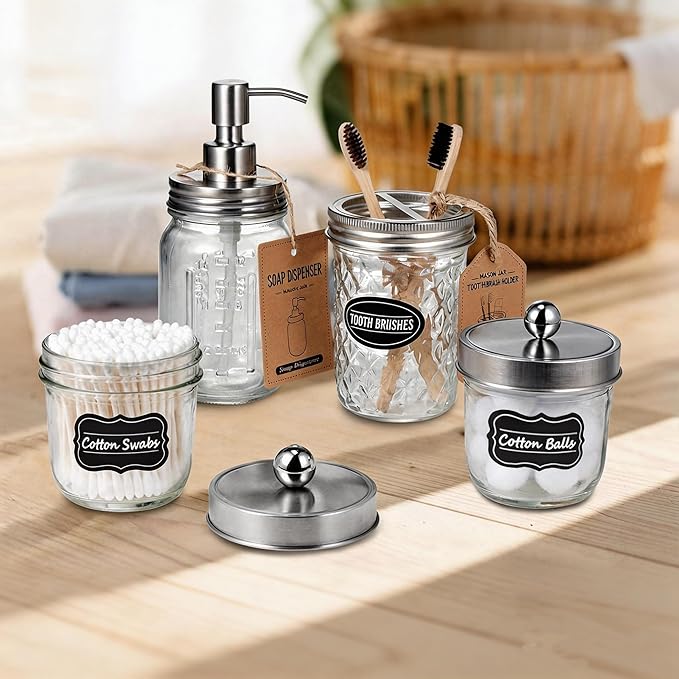 Amolliar Mason Jar Soap Dispensers, Rustproof Stainless Steel Lid &Pump, Refillable Wash Hand Soap for Bathroom,Kitchen-Ideal for Dish Soap,Liquid Soap, Lotions,Waterproof Stickers,16OZ Brushed Nickel