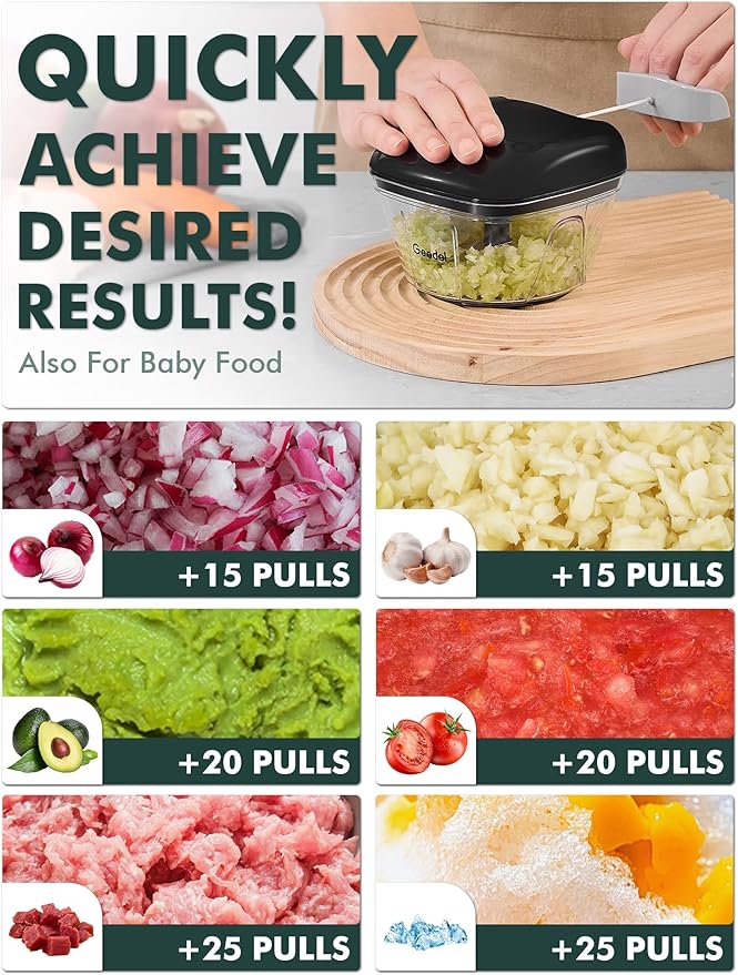 Manual Food Processor Vegetable Cutter, Geedel Pull Chopper with String, Food Chopper Vegetable Cutter for Veggies, Fruits, Salad, Onion, Nuts, etc, 2 Cup(500ml), Black