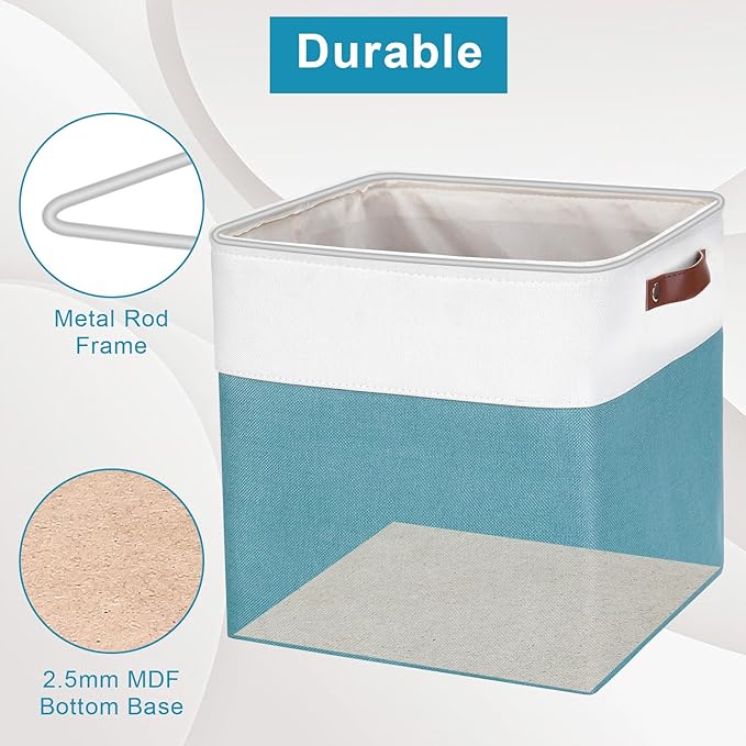 13x13 Cube Storage Bins, Collapsible Fabric Storage Box, Teal&White