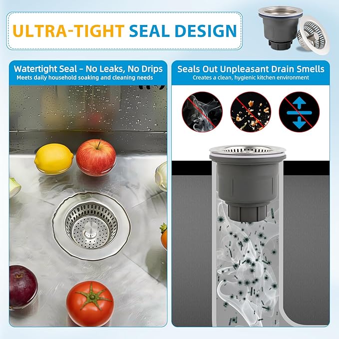 Hibbent Upgraded 3 in 1 Kitchen Sink Drain Strainer and Stopper Combo Assembly Kit, Stainless Steel Larger Anti-Clogging Basket