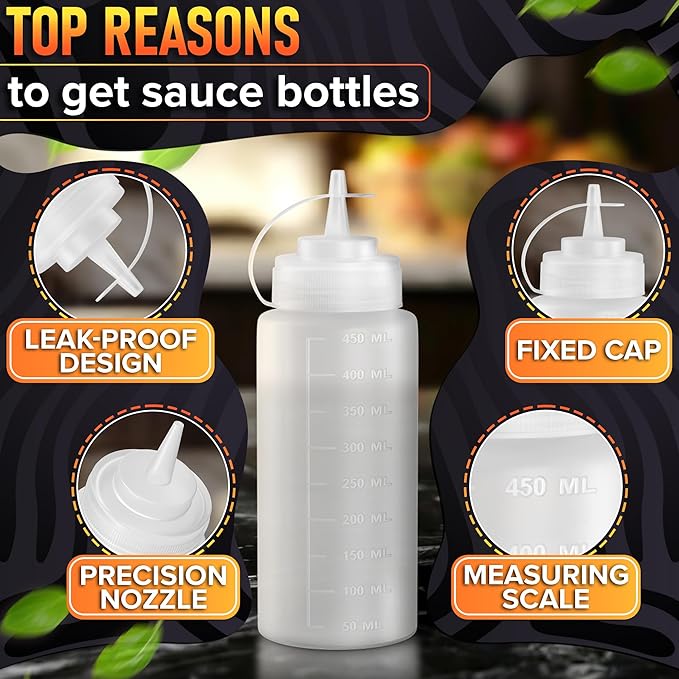 3-Pack Plastic Condiment Squeeze Bottles 16 oz – Refillable Squirt Bottles with Narrow Tip, Leak-Resistant | Great for Oil, Sauces, Ketchup, Mayonnaise, Syrup, Dressing, BBQ Stations & Catering Use