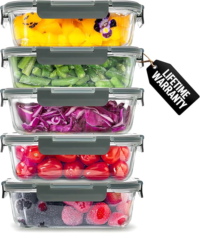 36 oz Glass Food Storage Containers with Lids, Leak-Proof, 5-Piece Set, Gray