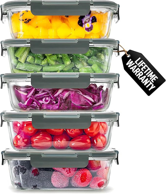 Zulay Kitchen 5 Piece Large 36oz Glass Tupperware Container Set with Lids - Premium BPA Free Borosilicate Glass Food Storage Containers - Leak-Proof Meal Prep - Microwave, Freezer & Oven Safe - Gray