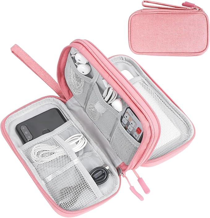 FYY Electronic Organizer, Travel Bag, Pouch, Carry Case Portable Waterproof Double Layers for Cable, Cord, Charger, Phone, Earphone Pink