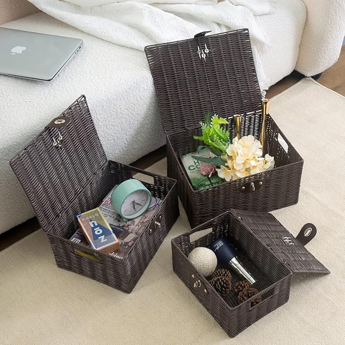 Set of 3 Woven Wicker Storage Basket Box with Lids & Lock, Brown
