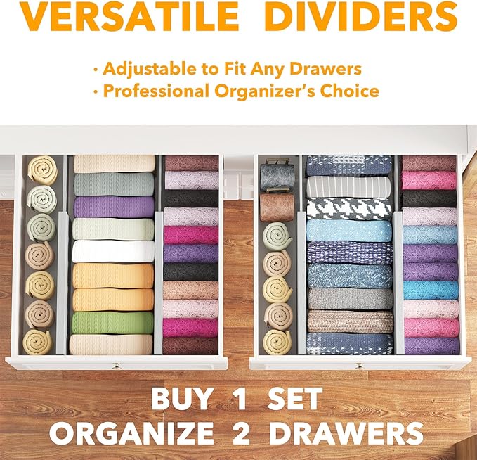 SpaceAid Bamboo 4 Pack Dresser Drawer Dividers, 4.65“ High Adjustable 12.5“-17” Drawer Organizers, Expandable Organization for Clothing, Clothes