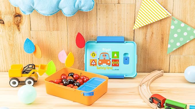 Zak Designs Blippi Reusable Plastic Bento Box with Leak-Proof Seal, Carrying Handle, Microwave Steam Vent, and Individual Containers for Kids' Packed Lunch (3-Piece Set)
