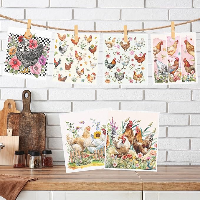 Swedish Dishcloths for Kitchen, 6PCS Chicken Rooster Swedish Dish Cloths Gift Set, Farm Reusable Washable Absorbent Dish Towel for Home Cleaning(7.8 X 7 Inches)