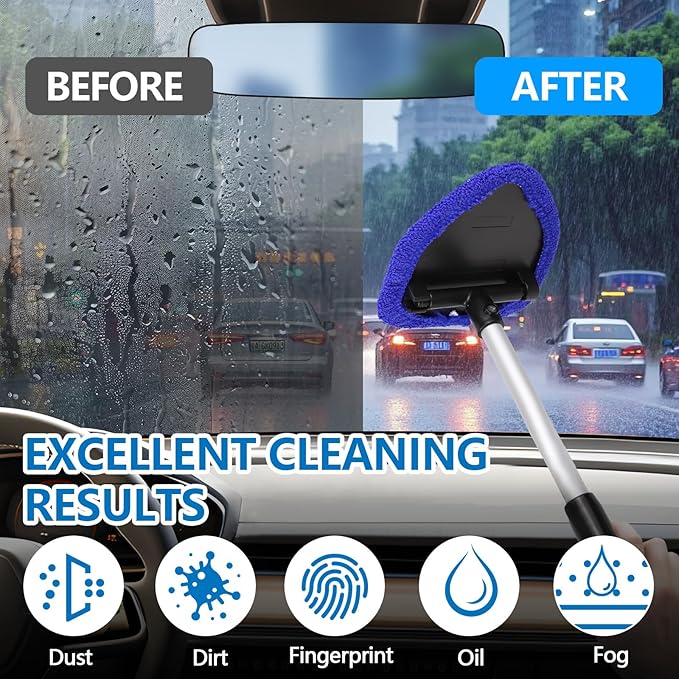 wuyaoyao Car Windshield Cleaning Tool, Car Windshield Window Cleaner, Auto Window Glass Cleaning Kit with Extendable Handle & Reusable Microfiber Pad & Spray Bottle, Universal Car Accessories (Blue)