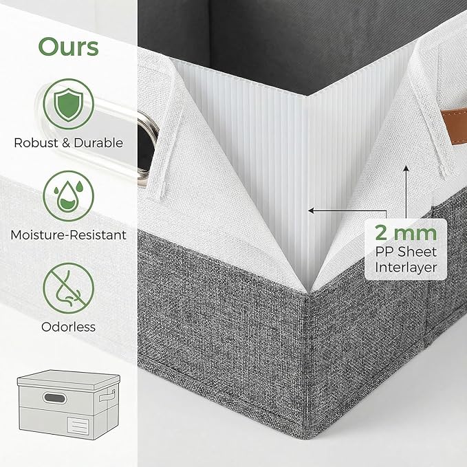 PRANDOM Storage Bins [3-Pack] Linen Foldable Boxes - Grey & White
