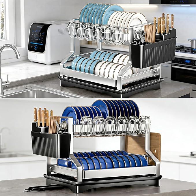 2Pcs Dish Drying Rack 2 Tiers, Stainless Steel Dish Drying Rack Stainless Steel Utensil Holder Large 2 Tier Dish Drainers for Kitchen Counter