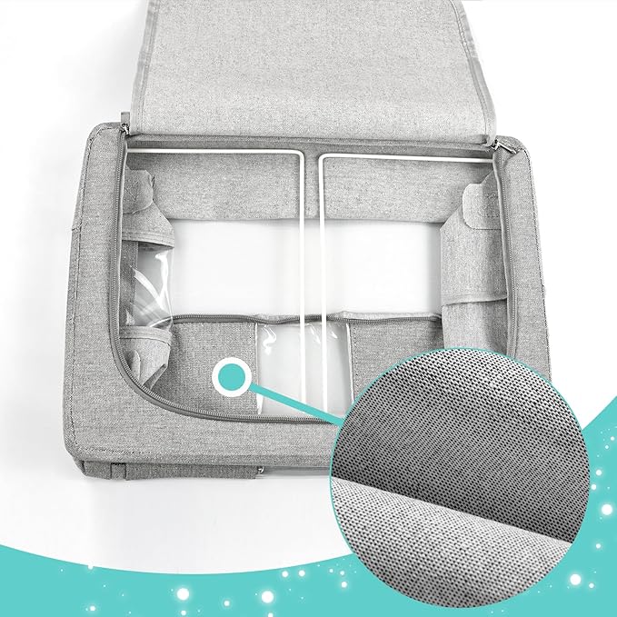 3 Pack Clothes Storage Bins, Foldable Metal Frame Storage Box with Lids,Stackable Linen Fabric Organizer Set with Carrying Handles,Zippers,and Clear Window (Grey, 24L)