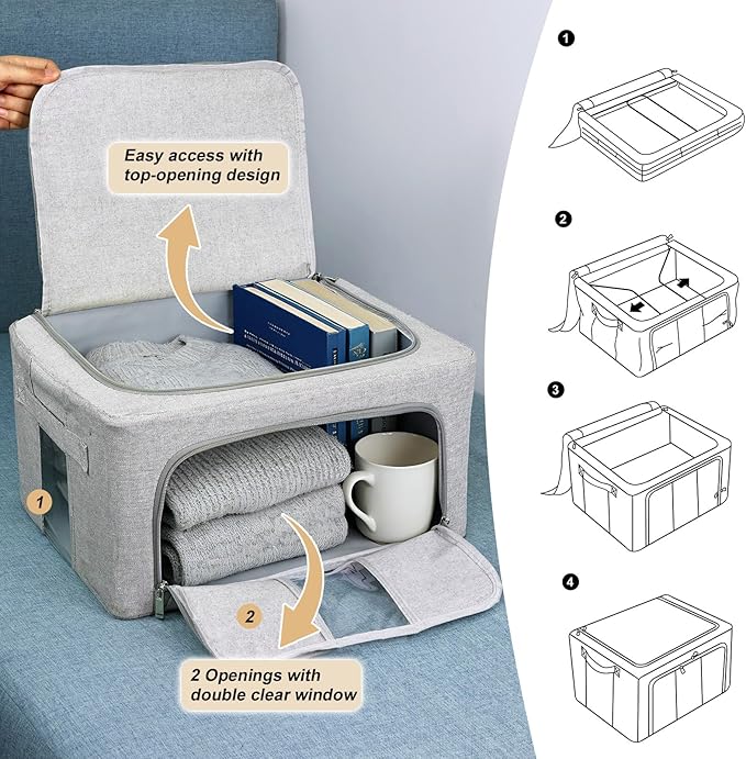 Amiya Clothes Storage Bins with Metal Frame,3-Pack Foldable Linen Fabric Storage Box with Lids, Stackable Organization and Storage Bins with Clear Window,Zippers,Handles(Grey,24L)
