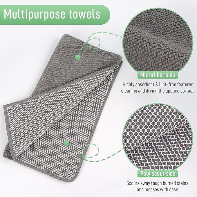 SINLAND Microfiber Dish Cloths Dish Rags for Washing Dishes Best Kitchen Washcloth Cleaning Cloths with Poly Scour Side 12Inchx12Inch 10Pack Grey