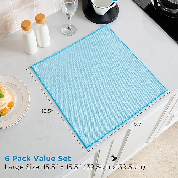 Microfiber Glass Cleaning Cloth 6 Pack, 15.5x15.5 Inch Magic Cleaning Rags, Lint Free Streak Free Reusable Towels for Windows, Mirrors, Cars, Screens, Kitchen and Stainless Steel Surface