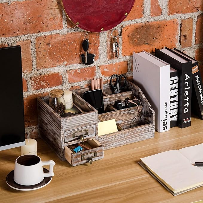 Liry Products Rustic Torched Wooden Desktop Organizer Dark Brown Tabletop