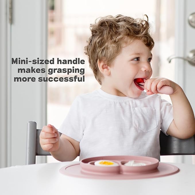 ezpz Mini Utensils - 12 Months+ (Fork & Spoon in Pewter) - 100% BPA Free Fork and Spoon - Toddler Utensils - Designed by a Pediatric Feeding Specialist
