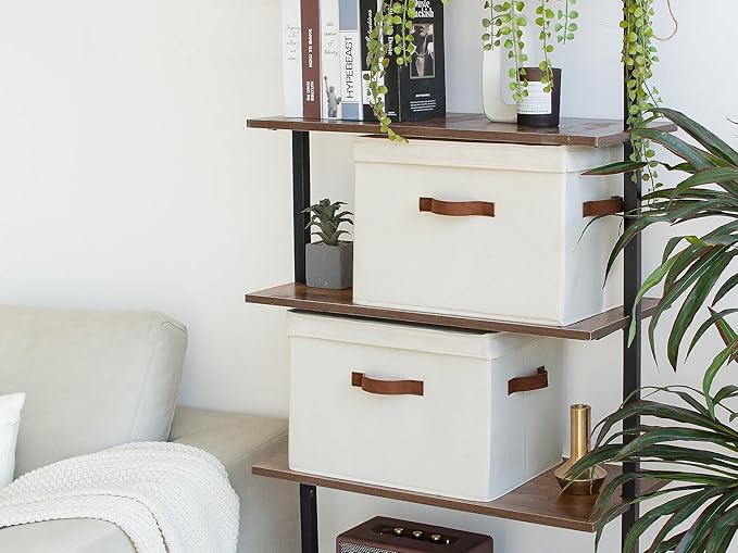 StorageWorks Fabric Storage Bins with Lid, Decorative Storage Boxes for Shelves, Stackable Closet Organizer Basket with Handles, Large, Ivory White