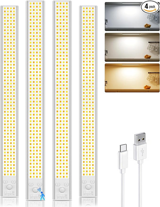 16inch Under Cabinet Lighting, 216LED Motion Sensor Light Indoor, Rechargeable Closet Lights, 3 Color Temps, Dimmable, Wireless Under Counter Lights for Kitchen, Stairs, Pantry, 4 Pack
