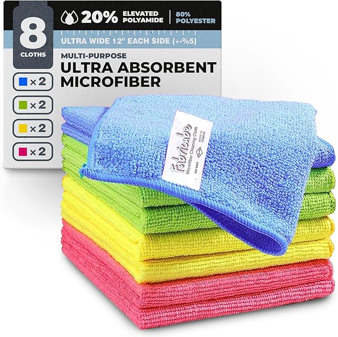 Turkish Microfiber Cleaning Cloth of 4 Colors | 20% Polyamide for Elevated Liquid Suction | Must Have Drying Supply for Kitchen and Home Accessories | Rags with Reinforced Edges, Pack of 8