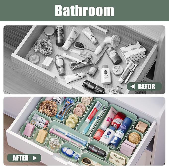 Plastic Drawer Organizers, 18 PCS Drawer Organizer Bins, Bathroom and Vanity Organizer Plastic Tray, Makeup organizer and storage for Makeup, Bedroom, Kitchen Gadgets Utensils and Office