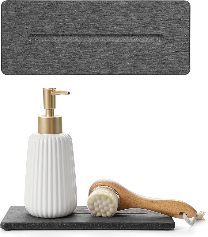 2 Pack Diatomite Stone Sink Tray, Water Absorbing Mat for Kitchen & Bathroom Counter, Quick Dry Soap Dish Makeup Vanity Caddy,Sponge Holder Organizer, Dark Gray - 2pcs of 9"x 3.5"