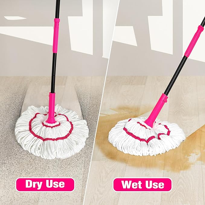 Self Wringing Twist Mop for Floor Cleaning, Upgraded 18-inch Wide Microfiber Mops, 55 Inches Long Handle Wet Dry Kitchen Easy Squeeze String Mop for Wood, Hardwood, Tile, Marble (red)