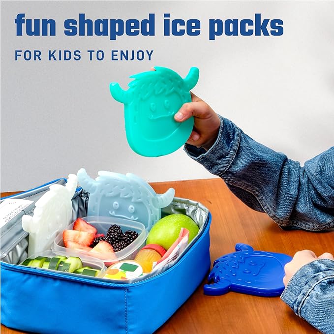 Cool Coolers by Fit & Fresh Kids Lunch Box Ice Packs, Slim Shaped Freezer Pack for Lunch Bags and Coolers 4 Pack Yeti Shape