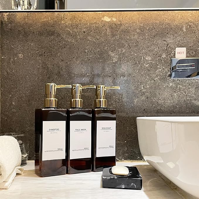 Shampoo Dispenser for Shower Wall, Shampoo and Conditioner Dispenser with 16 Waterproof Labels, No Drill Shower Soap Dispenser Bathroom, Shower Soap Dispenser Wall Mounted 3 Chamber, 17oz, Gold Amber