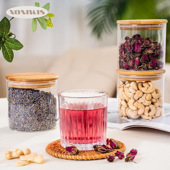 20oz 6PCS Round Airtight Glass Food Storage Jars, Clear Glass Food Container with Bamboo Lid, Stackable Spice Jar, Small Kitchen Storage for Sugar, Tea, Coffee bean, Pasta, Oat, Spice