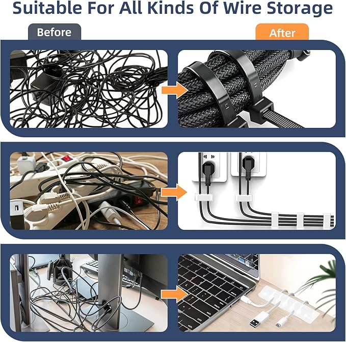 319pcs Cable Management Organizer Kit, Desk Cord Organizer, 98 Adhesive Cable Clips Holder, 17 Reusable Cable Strap, 4 Cable Sleeve Split, and 200 Nylon Cable Zip Ties (White)
