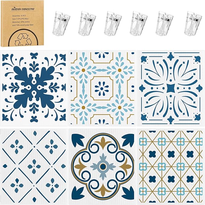 Needbrock 6 Pack Swedish Dishcloths for Kitchen,Swedish Rags Dish Towels with Clips, Reusable Paper Towels Washable Absorbent Cellulose Sponge Cloths for Countertop Dishes Sink Kitchen