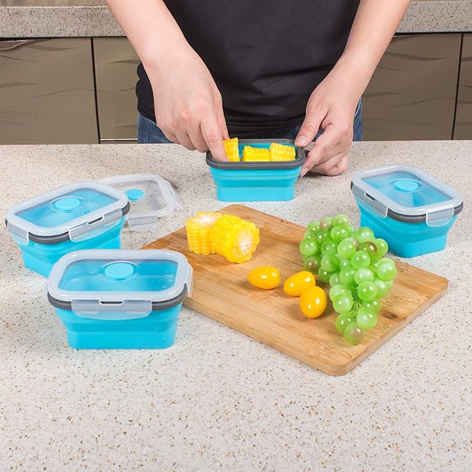 Collapsible Food Storage Containers with Lids & Vent, 11.8 oz, Kitchen Stacking Silicone Collapsible Meal Prep Container Set for Leftover